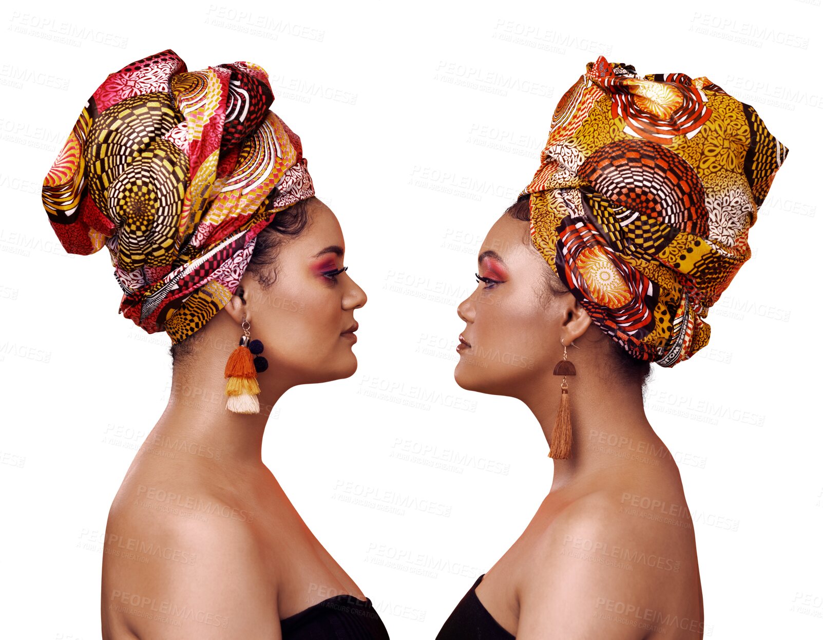 Buy stock photo African fashion, friends and face of women on isolated, png and transparent background in luxury style. Beauty, exotic jewelry and profile of people with cosmetics, makeup and accessories for glamour