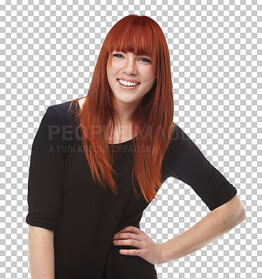 Buy stock photo Isolated woman, redhead hair care and portrait for smile, trendy fashion or confident by transparent png background. Girl, model or person with hairstyle, color or wellness for shine, glow and growth