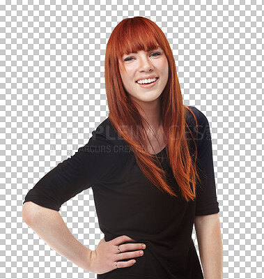 Buy stock photo Isolated girl, ginger hair and portrait with smile, trendy fashion and confidence by transparent png background. Woman, model or person with hairstyle, color and wellness with shine, glow and growth