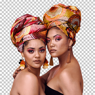 Buy stock photo African fashion, hug and portrait of women, cosmetics and friends isolated on transparent background. Face, models and people with accessory, makeup and png with glamour, beauty and exotic jewelry