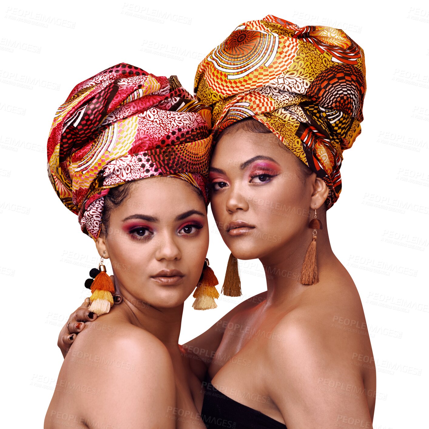 Buy stock photo African fashion, hug and portrait of women, cosmetics and friends isolated on transparent background. Face, models and people with accessory, makeup and png with glamour, beauty and exotic jewelry