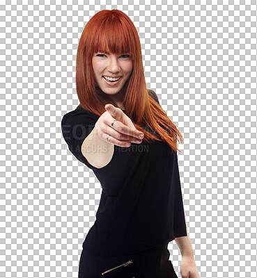 Buy stock photo Woman, portrait and pointing to you with smile for hiring, vote and choice of winner, attention and isolated on transparent png background. Emoji sign, finger direction and  recruitment for volunteer