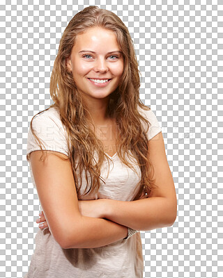 Buy stock photo Portrait, happiness and woman arms crossed, relax and smile for wellness, casual fashion and confidence. Headshot, fashionable and beautiful female model isolated on a transparent, png background 