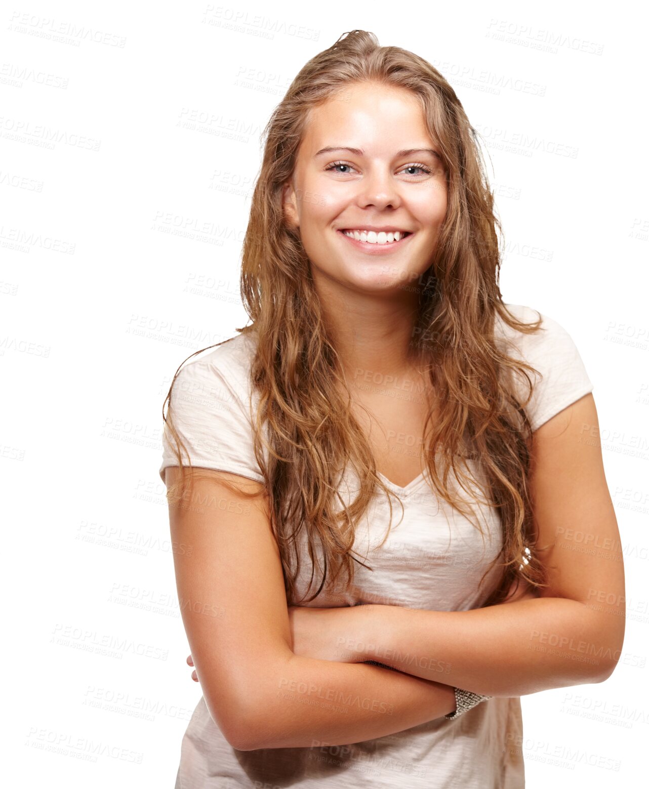 Buy stock photo Happy woman, face and portrait smile in confidence with arms crossed isolated on a transparent PNG background. Attractive and young female person or model posing in satisfaction or positive attitude