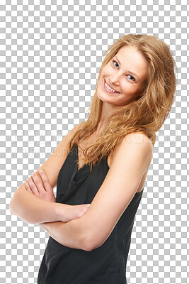 Buy stock photo Fashion, crossed arms and portrait of woman with smile on isolated, png and transparent background. Happy, natural face and person with confidence, pride and beauty in trendy, style or casual clothes