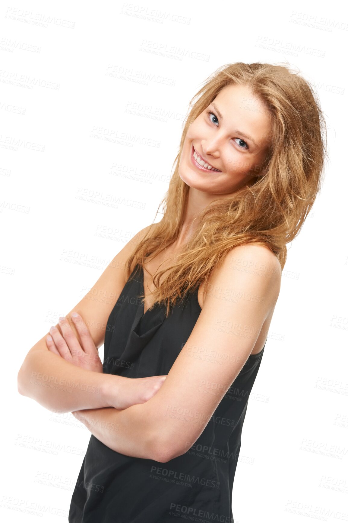 Buy stock photo Fashion, crossed arms and portrait of woman with smile on isolated, png and transparent background. Happy, natural face and person with confidence, pride and beauty in trendy, style or casual clothes