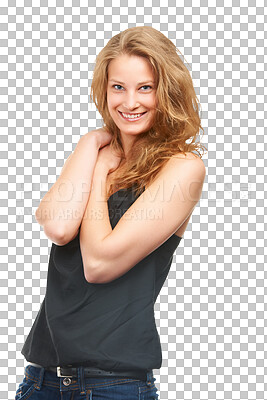 Buy stock photo Fashion, excited and portrait of woman with smile on isolated, png and transparent background. Happy, natural face and person with confidence, pride and beauty in trendy, style and casual clothes