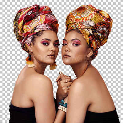 Buy stock photo African fashion, beauty and portrait of women, creative and friends isolated on transparent background. Face, models and people with accessory, makeup and png with glamour and exotic jewelry