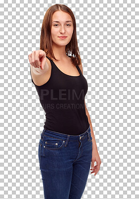 Buy stock photo Woman, portrait and pointing to you for decision, vote and or choice of winner, hiring or isolated on transparent png background. Emoji, finger and sign of recruitment, volunteering or accountability