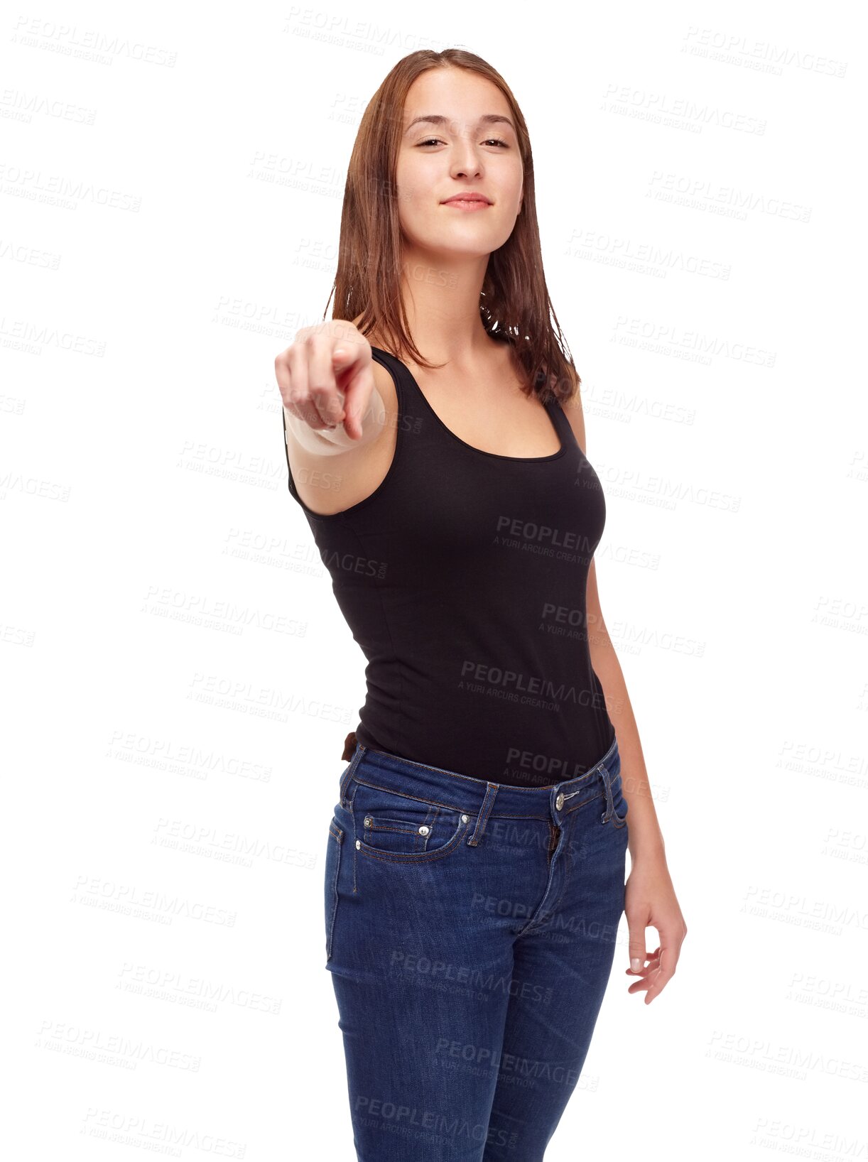 Buy stock photo Woman, portrait and pointing to you for hiring, vote and choice of winner, accountability and isolated on transparent png background. Emoji, finger and sign of recruitment, volunteering and attention