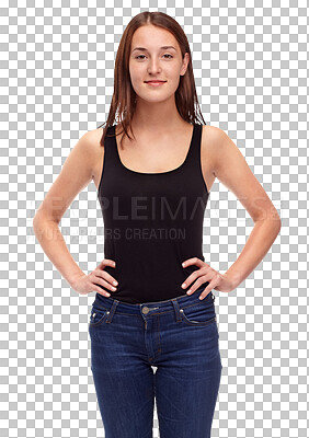 Buy stock photo Attractive woman, portrait and fashion in confidence standing isolated on a transparent PNG background. Happy young female person or model posing in denim jeans or casual clothing with hands on hip