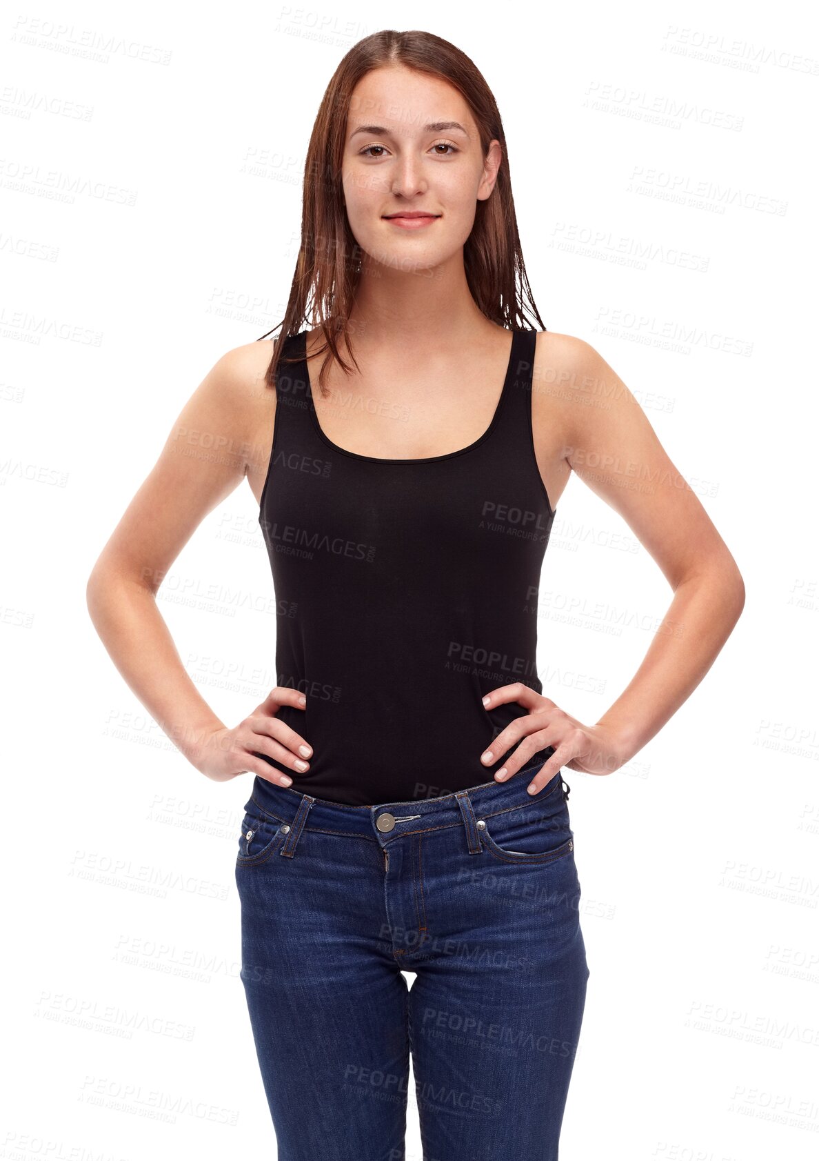 Buy stock photo Attractive woman, portrait and fashion in confidence standing isolated on a transparent PNG background. Happy young female person or model posing in denim jeans or casual clothing with hands on hip