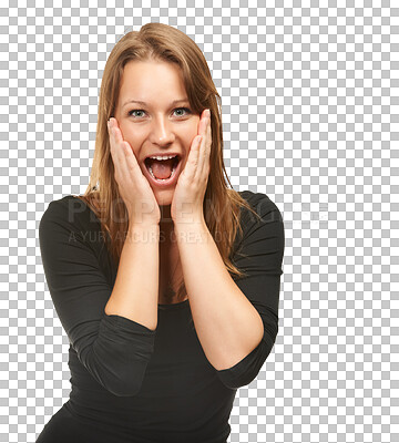 Buy stock photo Shock, happy surprise and woman portrait with wow from sale and discount announcement. Crazy news, female person and deal notification with emoji gesture ??isolated on transparent, png background
