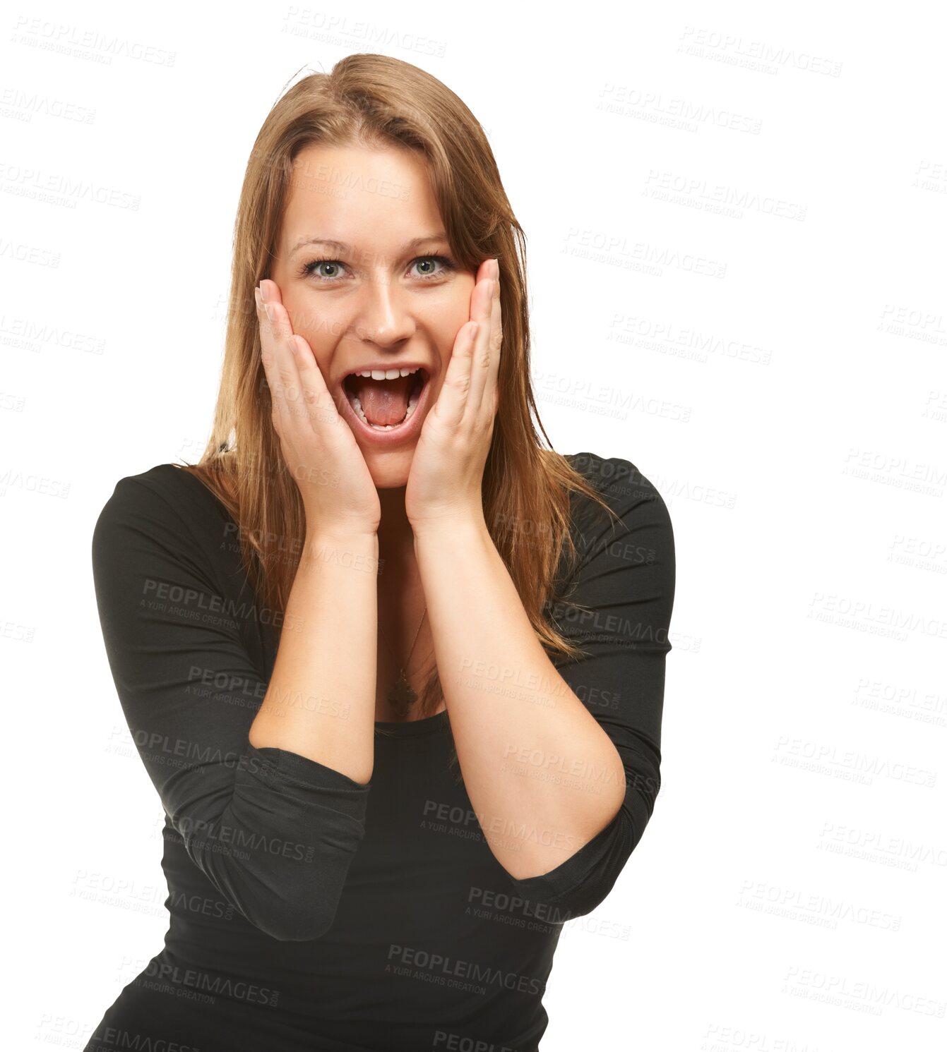 Buy stock photo Shock, happy surprise and woman portrait with wow from sale and discount announcement. Crazy news, female person and deal notification with emoji gesture ??isolated on transparent, png background
