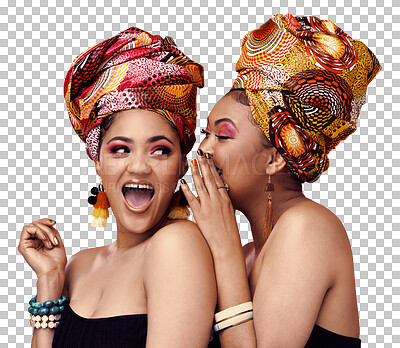 Buy stock photo African fashion, beauty secret and friends or women in makeup, cosmetics and jewelry for traditional design. Excited people laugh, wow or whisper for culture isolated on a transparent, png background