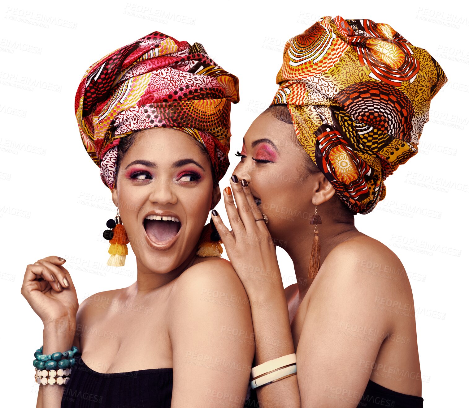 Buy stock photo African fashion, beauty secret and friends or women in makeup, cosmetics and jewelry for traditional design. Excited people laugh, wow or whisper for culture isolated on a transparent, png background