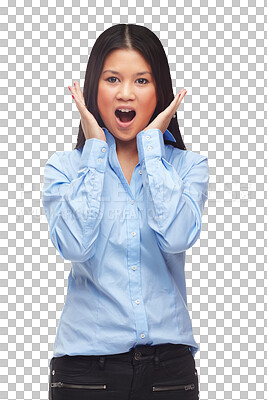 Buy stock photo Shock, surprise and business woman portrait with wow from sale and discount announcement. Crazy news, female person and professional with omg emoji gesture ??isolated on transparent, png background
