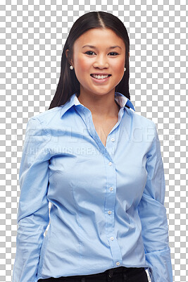 Buy stock photo Happy asian woman, portrait and business fashion or style isolated on a transparent PNG background. Young and attractive female person, employee or model posing in formal clothing or career attire