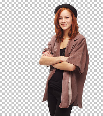 Buy stock photo Happy, portrait and woman with arms crossed, fashion or confidence on isolated, transparent or png background. Face, smile and model with boho outfit, style or good mood, clothes or trendy mindset