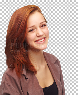 Buy stock photo Happy, ginger and portrait of woman with smile on isolated, png and transparent background. Fashion, natural face and person with confidence, pride and red hair in trendy, style and casual clothes