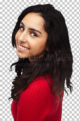 Buy stock photo Fashion, smile and portrait of Indian woman with beauty on isolated, png and transparent background. Happy, natural face and person with confidence, pride and pose in trendy, style and casual clothes