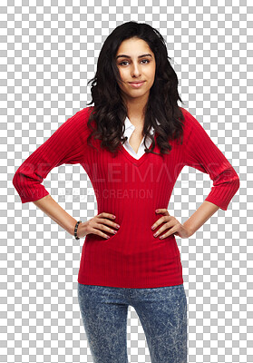 Buy stock photo Fashion, confidence and portrait of Indian woman with smile on isolated, png or transparent background. Happy, hands on hips and person with happy, pride and beauty in trendy, style or casual clothes