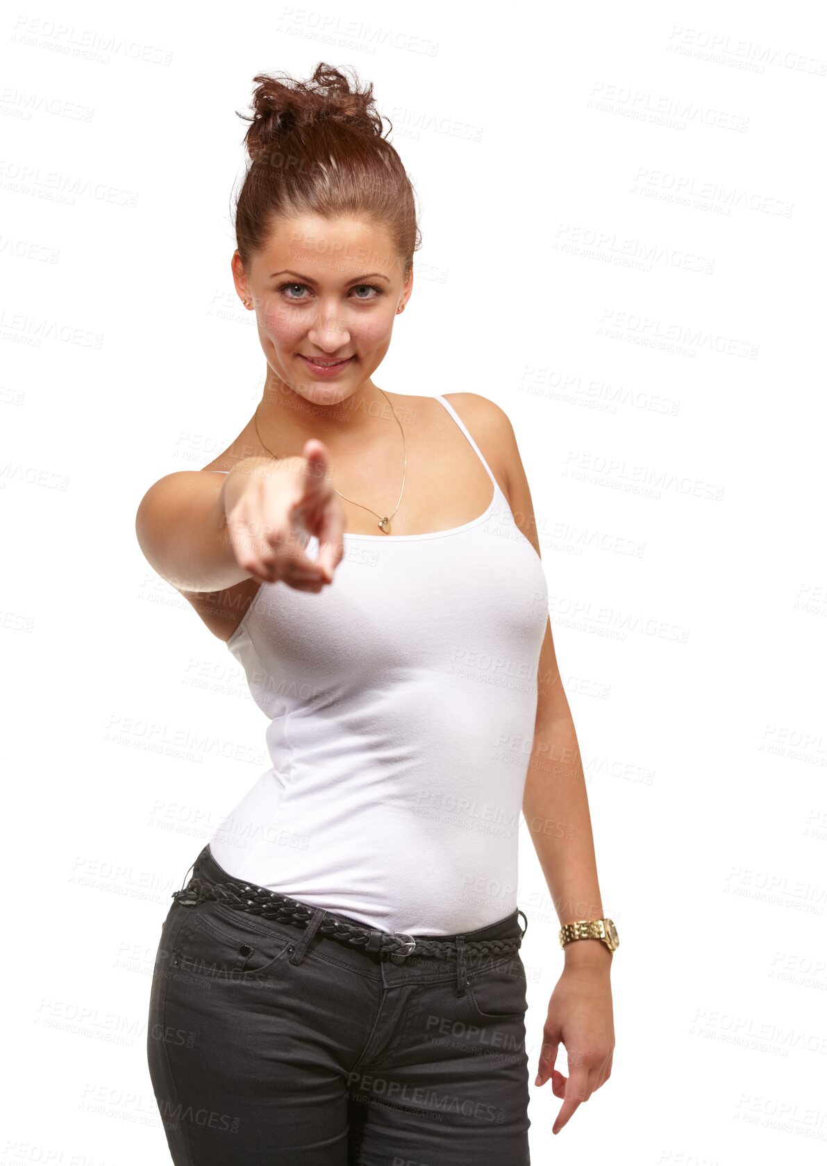 Buy stock photo Woman, portrait and hand pointing at you for deal, offer or promo on isolated, transparent or png background. Face, smile or model with finger selection, choice or decision with moving forward emoji