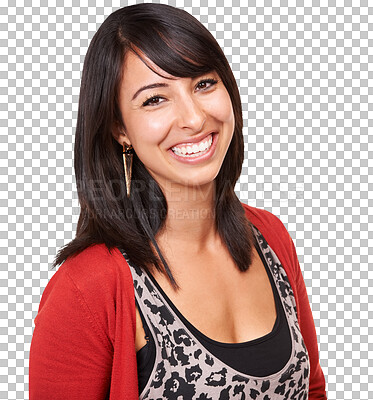 Buy stock photo Fashion, laugh and portrait of woman with smile on isolated, png and transparent background. Happy, natural face and person with confidence, pride and beauty in trendy, style and casual clothes