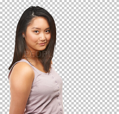 Buy stock photo Fashion, smile and portrait of Asian woman with beauty on isolated, png and transparent background. Cosmetics, natural face and person with confidence, pride and in trendy, style and casual clothes