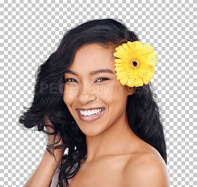 Buy stock photo Skincare, beauty and portrait of woman with flower on isolated, png and transparent background. Dermatology, spa aesthetic and face of happy person with bloom for cosmetics, makeup and facial care