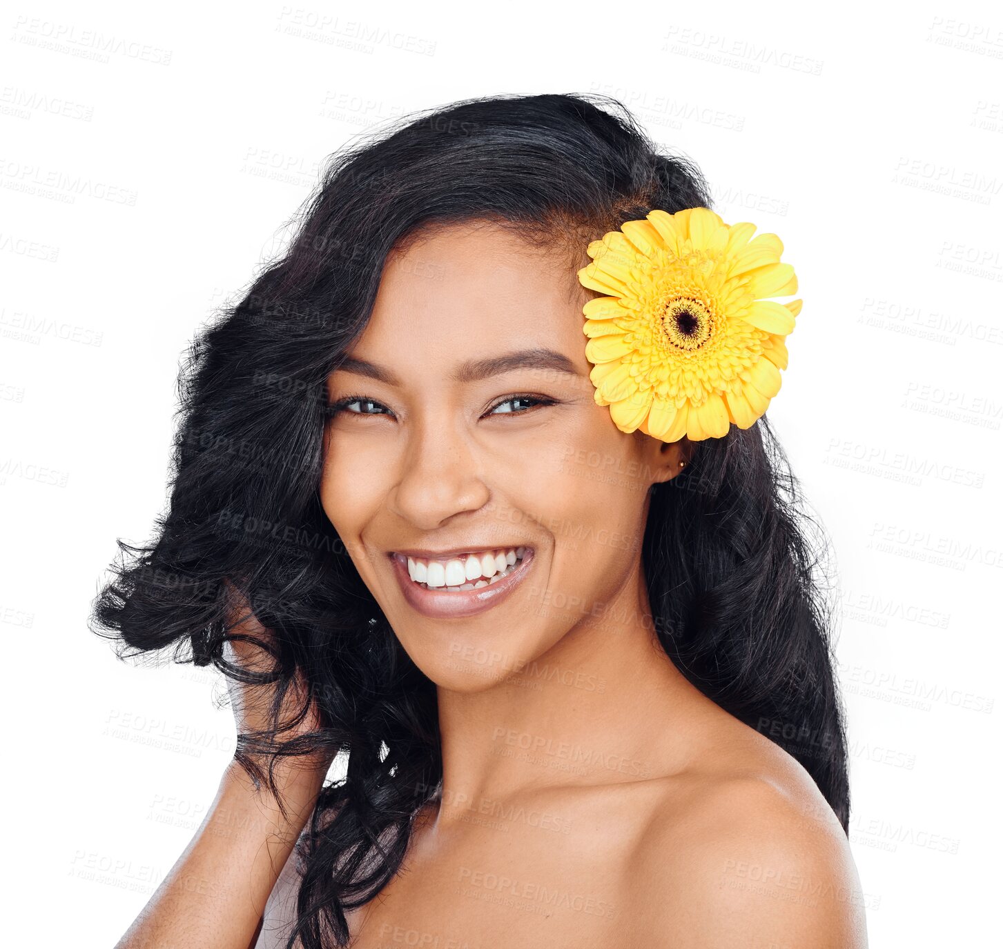 Buy stock photo Skincare, beauty and portrait of woman with flower on isolated, png and transparent background. Dermatology, spa aesthetic and face of happy person with bloom for cosmetics, makeup and facial care