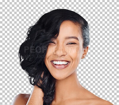 Buy stock photo Portrait, hair and happy woman with beauty shampoo or results on isolation, transparent or png background. Haircare, growth or face of model smile for volume, style or treatment, texture or shine