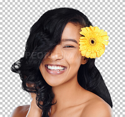 Buy stock photo Beauty, hair care and portrait of woman with flower on isolated, png and transparent background. Skincare, spa aesthetic and face of happy person with bloom for cosmetics, makeup and facial care