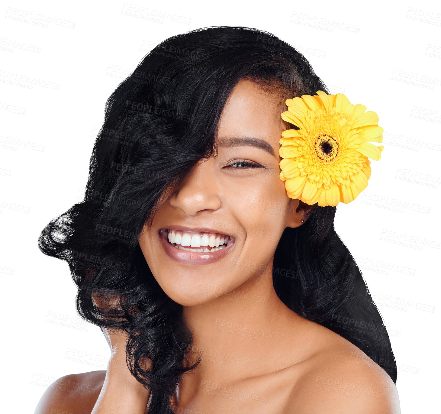 Buy stock photo Beauty, hair care and portrait of woman with flower on isolated, png and transparent background. Skincare, spa aesthetic and face of happy person with bloom for cosmetics, makeup and facial care