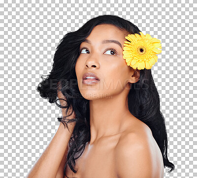 Buy stock photo Skincare, beauty and face of woman with flower on isolated, png and transparent background. Dermatology, spa aesthetic and person with floral bloom for natural cosmetics, makeup and facial care