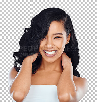 Buy stock photo Hair care, beauty and portrait of woman for salon on isolated, png and transparent background. Skincare, spa aesthetic and face of happy person with confidence for cosmetics, makeup and texture