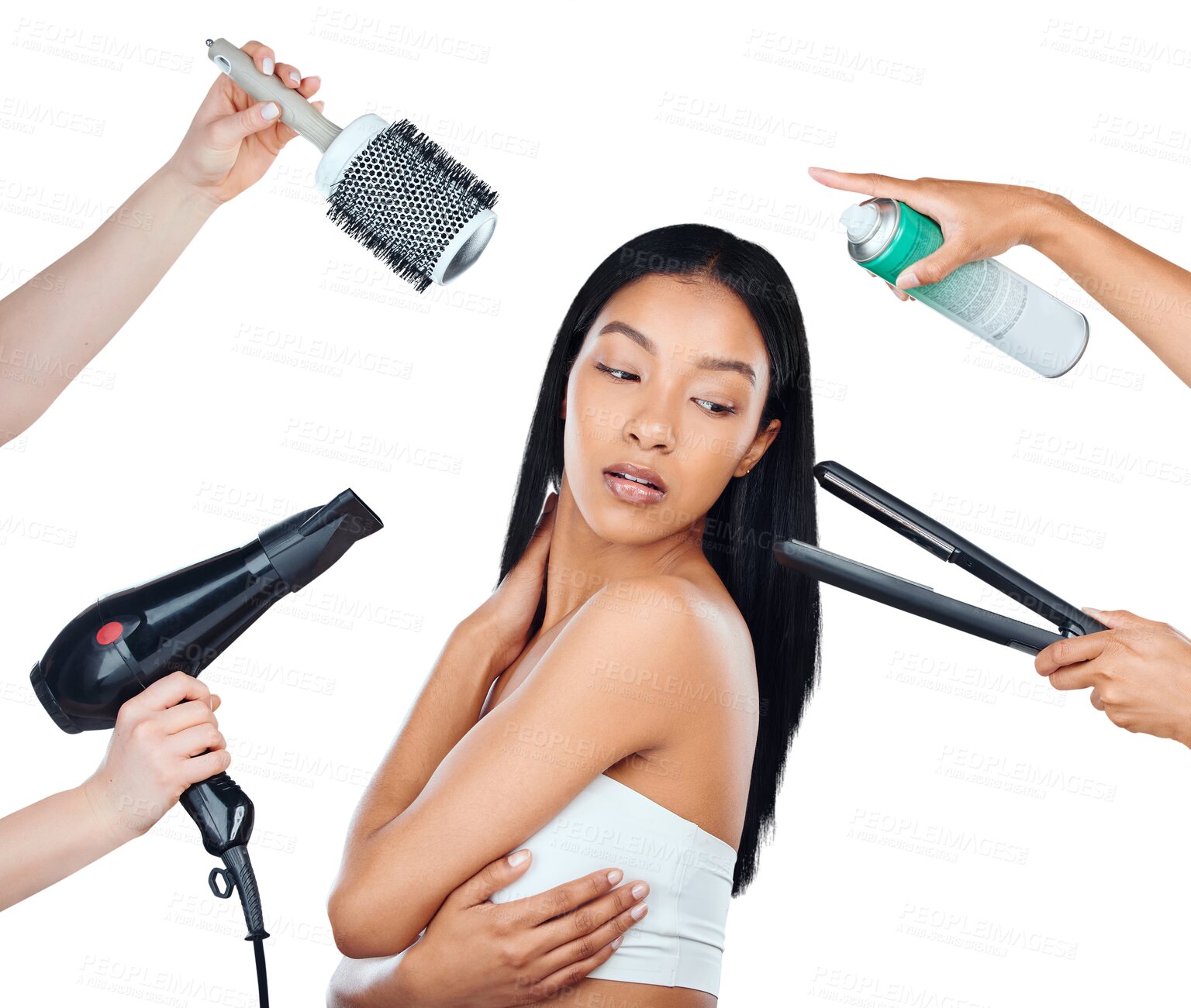 Buy stock photo Beauty wellness, woman and hair care tools for hairstyle texture, spa salon or haircut maintenance treatment. Hairdressing equipment, hairdresser hands or girl isolated on transparent, png background