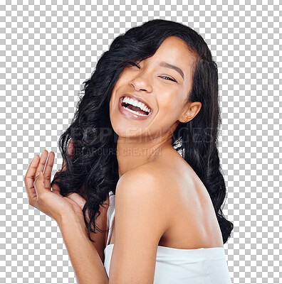 Buy stock photo Hair, laugh and portrait of woman with beauty on isolated, png and transparent background. Skincare, spa aesthetic and face of happy person with healthy texture for cosmetics, makeup and growth