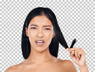 Buy stock photo Portrait, hair care problem or woman with split ends, hairstyle damage or cosmetic crisis from spa salon treatment. Broken hairloss, hairdressing error or girl isolated on transparent, png background