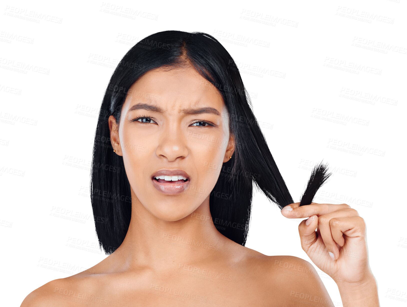 Buy stock photo Portrait, hair care problem or woman with split ends, hairstyle damage or cosmetic crisis from spa salon treatment. Broken hairloss, hairdressing error or girl isolated on transparent, png background