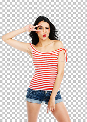 Buy stock photo Attractive woman, portrait and fashion with peace sign and makeup isolated on a transparent PNG background. Young female person or model posing in fun stylish clothing, denim shorts and cosmetics