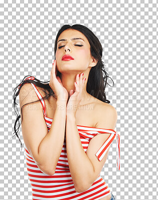 Buy stock photo Calm woman, relax and skincare in makeup cosmetics or beauty isolated on a transparent PNG background. Face of young or attractive female person or model touching soft skin in satisfaction for facial