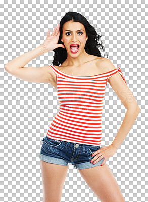 Buy stock photo Surprise, fashion and portrait of woman with cosmetics on isolated, png and transparent background. Shock, shouting and confident person in trendy clothes, casual outfit and style with good news