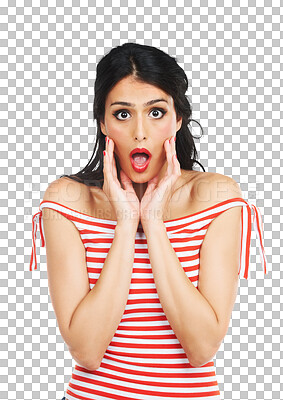 Buy stock photo Woman, portrait and surprise for winning, news or gossip isolated on a transparent PNG background. Face of female person or model in OMG, wow or shocked facial expression for luck, prize or alert