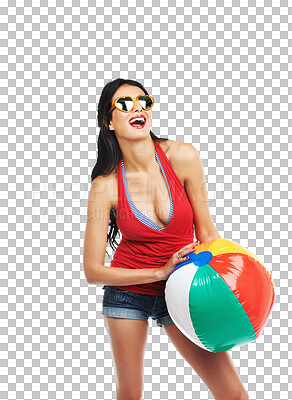 Buy stock photo Happy woman, portrait and beach ball in summer fashion for pool party isolated on a transparent PNG background. Young and attractive female person or model smile with casual clothing and sunglasses