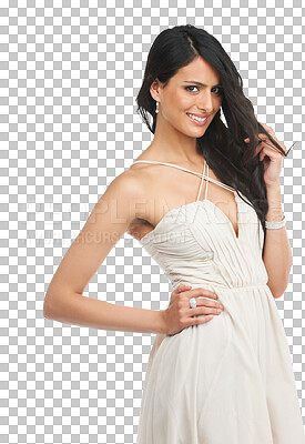 Buy stock photo Happy woman, portrait and fashion with white dress, hair and makeup isolated on a transparent PNG background. Face of attractive young female person or model posing in stylish clothing and cosmetics