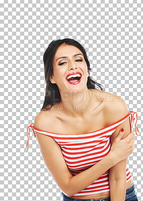 Buy stock photo Happy woman, portrait and laughing for funny joke in fashion isolated on a transparent PNG background. Face of young attractive female person or model smile and laugh for fun humor in casual clothing