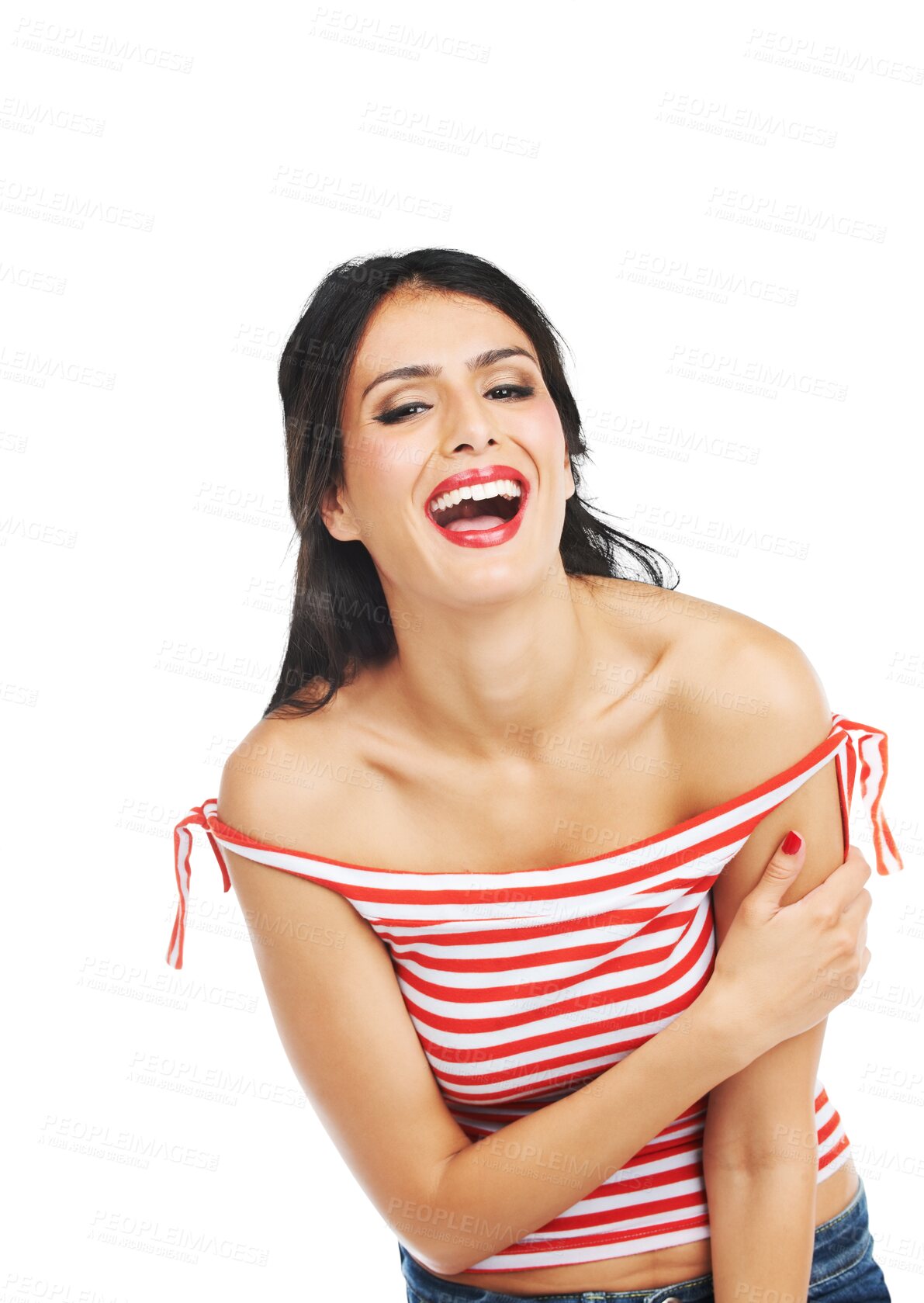 Buy stock photo Happy woman, portrait and laughing for funny joke in fashion isolated on a transparent PNG background. Face of young attractive female person or model smile and laugh for fun humor in casual clothing