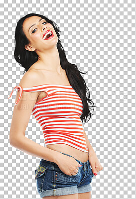 Buy stock photo Happy woman, portrait and laughing for joke in fashion isolated on a transparent PNG background. Face of young attractive female person or model smile and laugh for funny humor in casual clothing