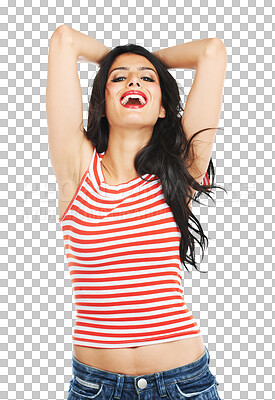 Buy stock photo Happy woman, portrait and relax in fashion beauty, makeup or cosmetics isolated on a transparent PNG background. Face of young attractive female person or model posing in casual clothing or style